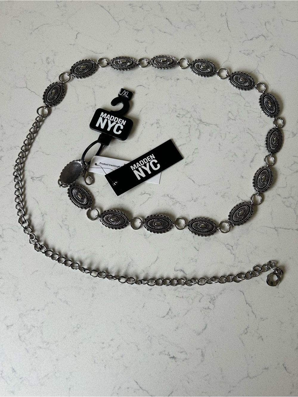 NWT Madden NYC Silver Concho Chain Belt with Engraved Embellished Medallions